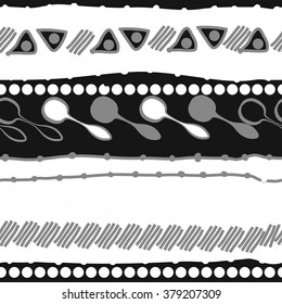 Pattern of horizontal motif, doodles,spots, hole,spoons, stripes,  ellipses,  copy space, seamless. Hand drawn.