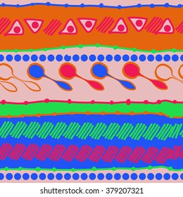 Pattern of horizontal motif, doodles,spots, hole,spoons, stripes,  ellipses,  copy space, seamless. Hand drawn.