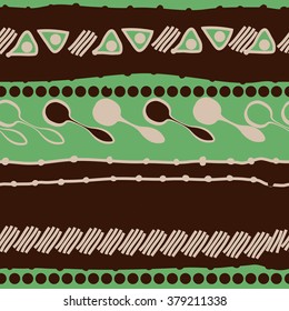 Pattern of horizontal motif, doodles,spots, hole,spoons, stripes,  ellipses,  copy space, seamless. Hand drawn.
