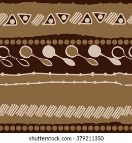 Pattern of horizontal motif, doodles,spots, hole,spoons, stripes,  ellipses,  copy space, seamless. Hand drawn.