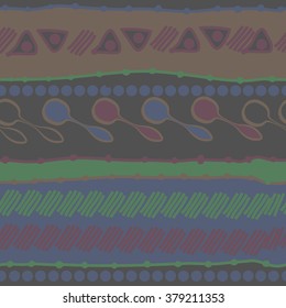 Pattern of horizontal motif, doodles,spots, hole,spoons, stripes,  ellipses,  copy space, seamless. Hand drawn.