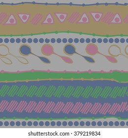 Pattern of horizontal motif, doodles,spots, hole,spoons, stripes,  ellipses,  copy space, seamless. Hand drawn.