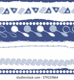 Pattern of horizontal motif, doodles,spots, hole,spoons, stripes,  ellipses,  copy space, seamless. Hand drawn.