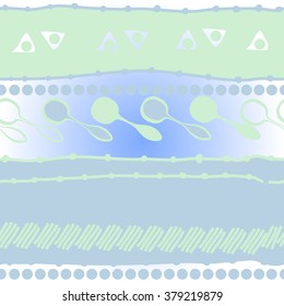 Pattern of horizontal motif, doodles,spots, hole,spoons, stripes,  ellipses,  copy space. Hand drawn.