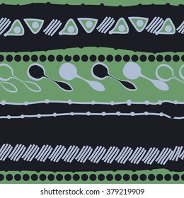 Pattern of horizontal motif, doodles,spots, hole,spoons, stripes,  ellipses,  copy space, seamless. Hand drawn.