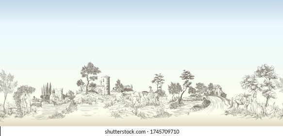 Pattern with horizontal mural with landscapes with old castles, country houses, people with horses, trees, bridges, panoramic view of old castles with blue sky