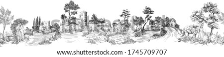Pattern with horizontal mural with landscapes with old castles, country houses, people with horses, trees, bridges, panoramic view of old castles