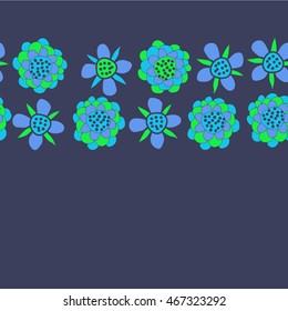 Pattern of  horizontal stylized floral motif,   hole, spots, flowers, doodles, seamless . Hand drawn.