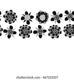 Pattern of  horizontal stylized floral motif,   hole, spots, flowers, doodles, seamless . Hand drawn.