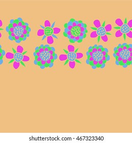 Pattern of  horizontal stylized floral motif,   hole, spots, flowers, doodles, seamless . Hand drawn.