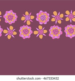 Pattern of  horizontal stylized floral motif,   hole, spots, flowers, doodles, seamless . Hand drawn.