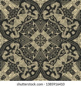 Pattern with horse head and mandala. Frame of animal made in vector. Use for children clothes, pajamas, shawls, dresses, leggings. Surreal Ornament