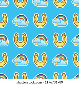 Pattern horse shoe and rainbow with white clouds and stars on blue background. Multicolored rainbow with clouds and horseshoe seamless pattern