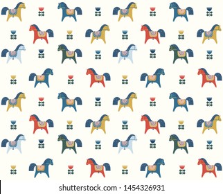 Pattern with horses inspired by scandinavian art. Scandinavian dala horse. Scandinavian flowers and traditional dala horses. Folk art pattern with colorful horses. Perfect for kids fabric, wallpapers