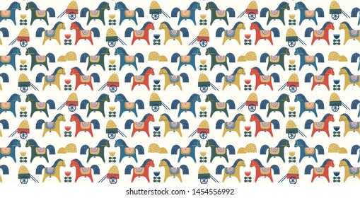 Pattern with horses inspired by scandinavian art. Scandinavian dala horse. Scandinavian flowers and traditional dala horses. Folk art pattern with colorful horses and haystack. Perfect for kids fabric