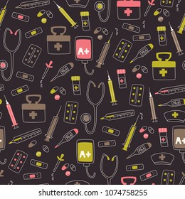 Pattern with Hospital and Medical Tools. Vector Doodle Elements.