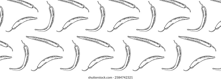 Pattern of hot chili pepper drawn with pencil or ink by hand. Sketch of spice capsaicin dish. Vector seamless background with spicy vegetable.