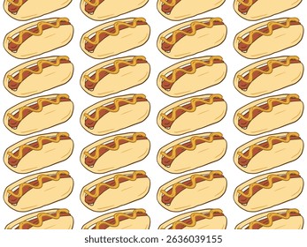pattern of hot dogs arranged seamlessly diagonally on white background for bakery menu, restaurant, cafe, textile, wrapping paper