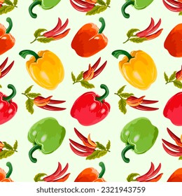 Pattern with hot and sweet peppers.Bitter and sweet pepper on a colored background in a vector seamless pattern.