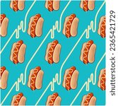 pattern of hotdogs lined up seamlessly diagonally on a torques blue background with melted diagonal mustard lines