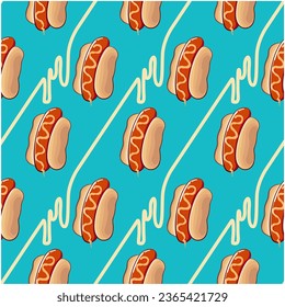 pattern of hotdogs lined up seamlessly diagonally on a torques blue background with melted diagonal mustard lines