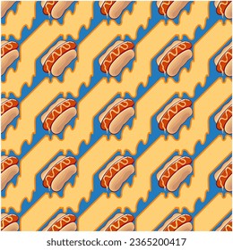 The pattern of hotdogs is seamlessly lined up on a background of melting mustard among the blue