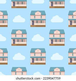 Pattern house on the background of the sky with clouds. Vector illustration