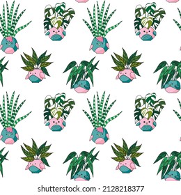 Pattern with houseplants in pots in the form of cute birds. Vector image. Botanical background for fabric, clothing, wallpaper, wrapping paper, stationery.