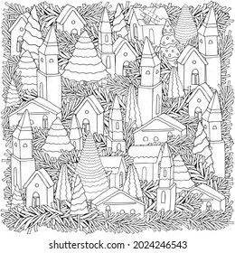 Muster mit Häusern und Weihnachtsbäumen und Fichtenzweigen. Magic City mandala. Straßenhintergrund. Muster für das Farbbuch.  Zentangle. Schwarz-Weiß-Muster in Vektorgrafik.