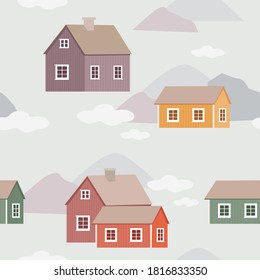 Pattern of houses in the clouds  Autumn landscape. Vector seamless texture.