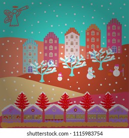 Pattern houses. Illustration on blue, orange and pink colors. Vector illustration.