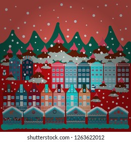 Pattern houses. Illustration on pink, blue and red colors. Vector illustration.