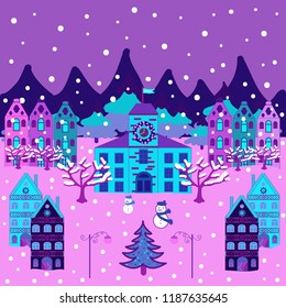 Pattern houses. Illustration on violet, pink and blue colors. Vector illustration.