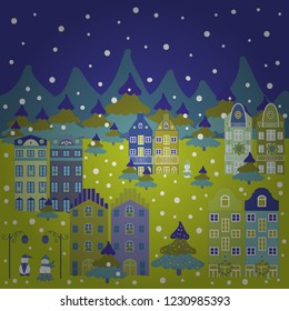 Pattern houses. Illustration on violet, yellow and blue colors. Vector illustration.