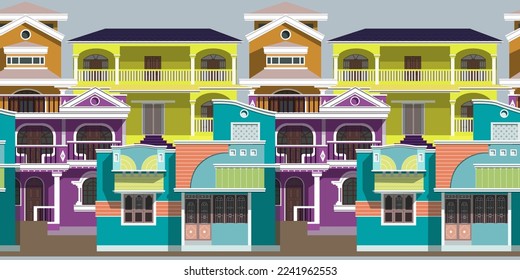 Pattern of houses with palm tree India flat vector illustration. A house with several floors in India on a neutral background with palm trees.
