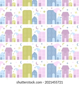 Pattern with houses with stars and moon in pastel colors