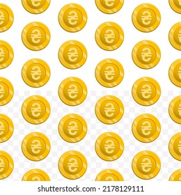 Pattern of Hryvnia currency on transparent background with mini doodle (icons) and gold color. Vector Illustration