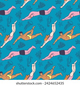 Pattern with human bodies diving in sea water. Active lifestyle concept. Flat hand drawn male and female silhouettes with sea creatures. Trendy print design for textile, wallpaper, wrapping