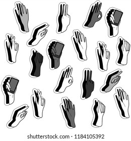 Pattern of human hands isolated on a white background. Vector flat illustration of female hands in different situations.
