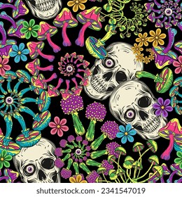 Pattern with human skull, colorful mushrooms, purple eyeballs. Fractal, spiral ornament. Concept of madness and craziness. Surreal illustration for groovy, hippie, mystical, psychedelic design