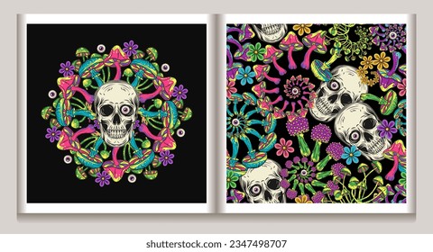 Pattern with human skull, colorful mushrooms, chamomiles, purple eyeballs. Fractal, spiral ornament. Concept of madness and craziness. Surreal illustration for groovy, mystical, psychedelic design