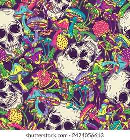 Pattern with human skull, colorful mushrooms. Dense random composition. Concept of madness and craziness. Surreal illustration for groovy, hippie, mystical, psychedelic design