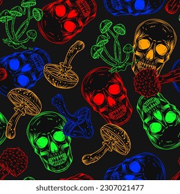 Patrón con cráneo humano, hongos de fantasía con colores fluorescentes de neón brillante. Esbozar ilustración inversa para diseño grooval, hippie y místico
