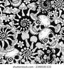 Pattern with human skull, mushrooms, chamomiles, eyeballs. Fractal, spiral ornament. Concept of madness and craziness. Surreal illustration for groovy, mystical, psychedelic design