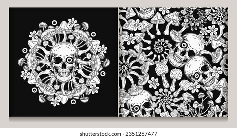 Pattern with human skull, mushrooms, chamomiles, eyeballs. Fractal, spiral ornament. Concept of madness and craziness. Surreal monochrome illustration for groovy, mystical, psychedelic design