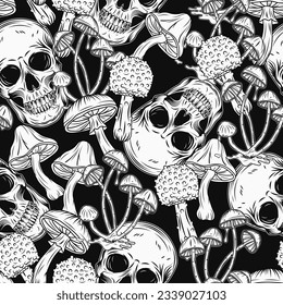 Pattern with human skull, mushrooms. Concept of madness and craziness. Surreal illustration for groovy, hippie, mystical, psychedelic design. Black background