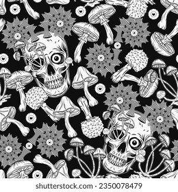 Pattern with human skull, mushrooms, eyeballs. Skull with curled fractal horns. Concept of madness and craziness. Surreal illustration for groovy, hippie, mystical, psychedelic design