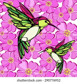 Pattern with humming-birds. Floral background. Abstract vector pattern.