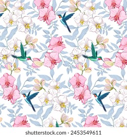 Pattern with hummingbirds and flowers.Vector seamless pattern with bright hummingbirds on colorful orchids.