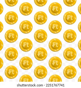Pattern of Hungarian Forint currency on transparent background with mini doodle (icons) and gold color. Vector Illustration